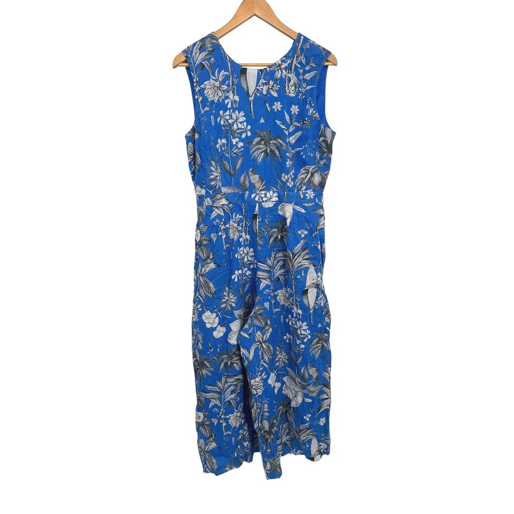 J Crew Jumpsuit Womens 10 Blue Floral Tropical Open Back Linen Vacation Coastal